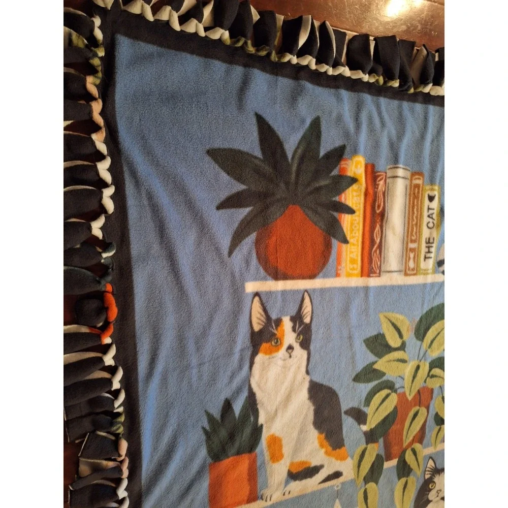Handmade Fleece Tie Blanket Cats Books Plants Library Print Blue Throw 58